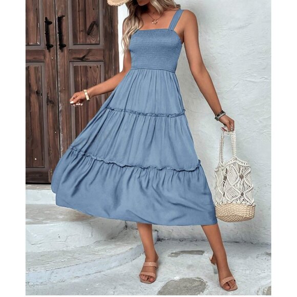 Boho Shirred Ruffle Hem Dress Blue - Picture 1 of 4